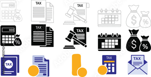 Tax calculation and financial management icon set, accounting and law concept
