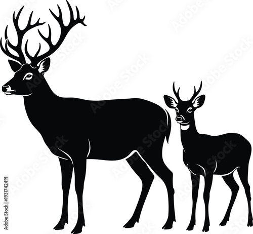 Deer stag and fawn silhouettes vector illustration isolated on white background, wildlife animal family design element collection