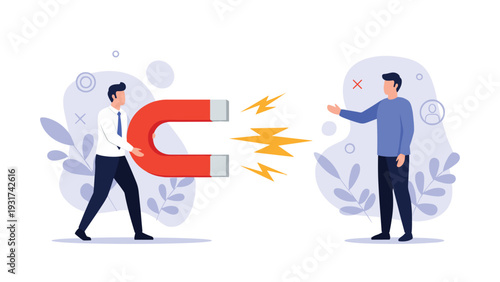 Professional man using giant horseshoe magnet to attract potential lead or new customer for effective marketing and sales strategy.