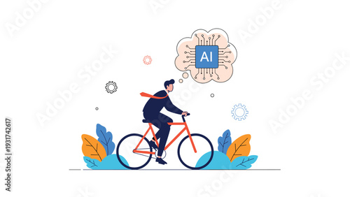 Determined businessman riding bicycle while thinking about artificial intelligence and advanced technology for future business growth.