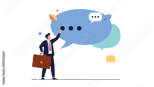 Successful businessman pointing at large blue speech bubble to represent effective communication and networking in corporate world.