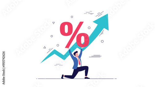 Strong businessman lifting giant red percentage symbol and rising arrow to illustrate financial growth and increasing interest rates.