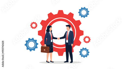 Male and female professionals shaking hands in front of large red and blue gears representing teamwork and industrial synergy.
