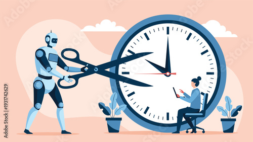 Advanced robot using giant scissors to cut a clock while a woman works on her laptop nearby in an automation and time concept.