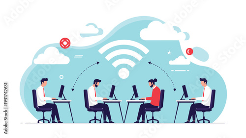 Four businessmen working at computers in an office connected by a massive blue WiFi signal icon representing high speed internet.