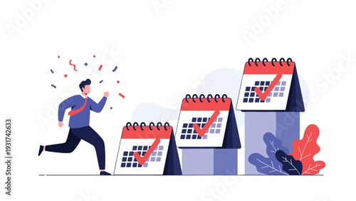 Cheerful businessman in a blue shirt running past large calendars with red checkmarks to signify completed tasks and success.