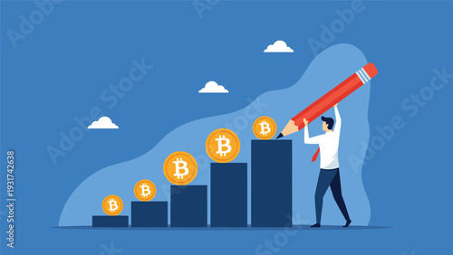 Ambitious investor drawing rising bar chart with bitcoin cryptocurrency coins using huge red pencil to show profit growth and success.