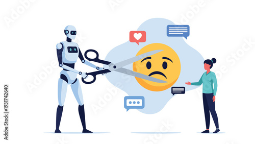 Advanced robot using giant scissors to cut sad face emoji while woman watches to represent artificial intelligence improving mental health.