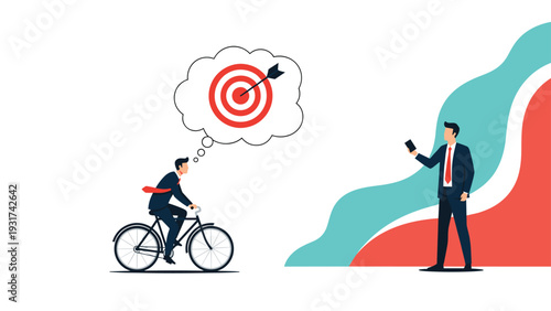 Office worker on bicycle thinking about target goal while another man stands near colorful wave graph representing business planning.