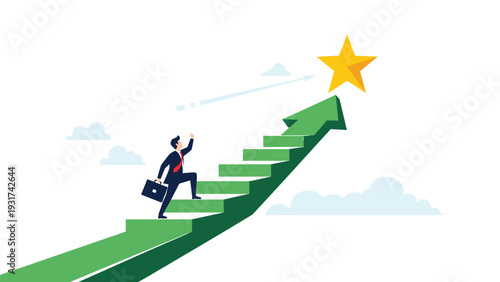 Determined professional climbing green staircase made of upward arrow towards golden star to achieve career goals and business success.