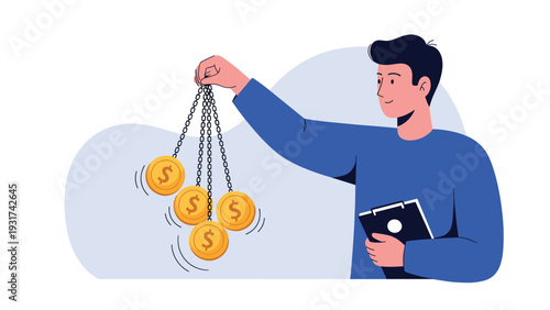 Happy businessman holding several gold dollar coins hanging from metal chains to demonstrate wealth management and financial stability.