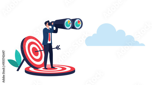 Focused businessman standing on target and using large binoculars with pie charts to search for new market opportunities and goals.