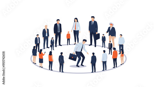 Businessman feeling isolated and overwhelmed while standing in the center of a large group of diverse corporate professionals.