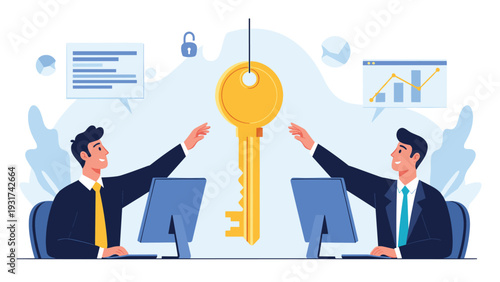 Business colleagues collaborating to find the key to success and unlock professional growth in a modern office environment.