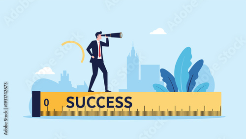 Ambitious leader using a telescope to look into the future while standing on a giant ruler that measures professional success.