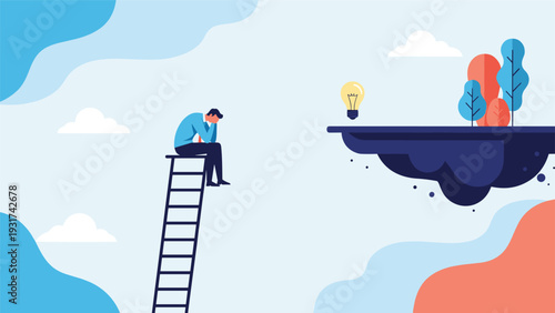 Frustrated man sitting on top of a tall ladder unable to reach a creative idea sitting on a high floating island nearby.