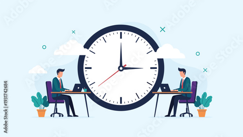 Two office employees working on laptops at desks situated on opposite sides of giant clock to represent time management and deadlines.
