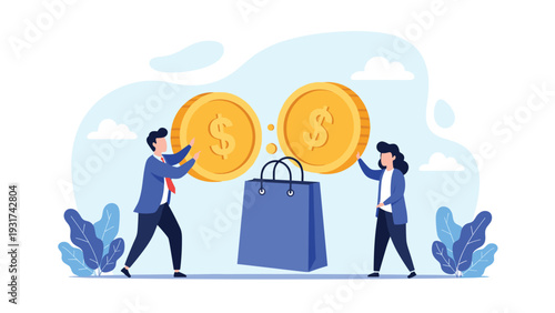 Business man and woman placing giant gold dollar coins into a shopping bag as a metaphor for consumer spending and retail investment.