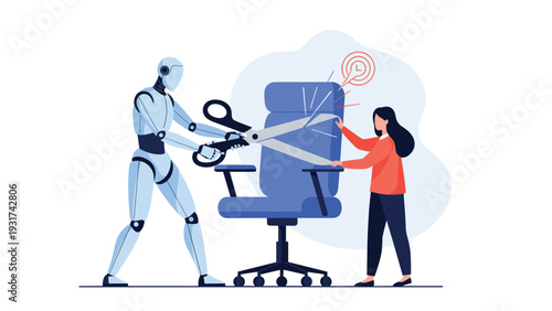 Robot and female worker collaborating with giant scissors to divide office responsibilities and cut down on work time.