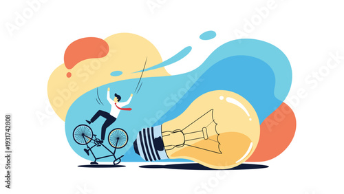 Inventor falling off a broken bicycle while chasing a giant lightbulb idea to represent the risks of a creative career.