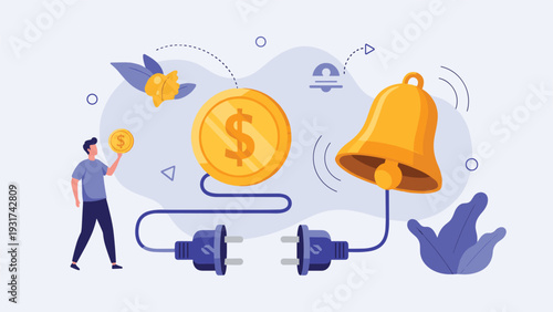 Entrepreneur holding a coin while connecting a golden notification bell to a power source representing financial alerts and market updates.