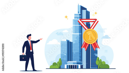 Successful businessman proudly presenting a top-ranked skyscraper awarded with a first-place medal for real estate excellence.