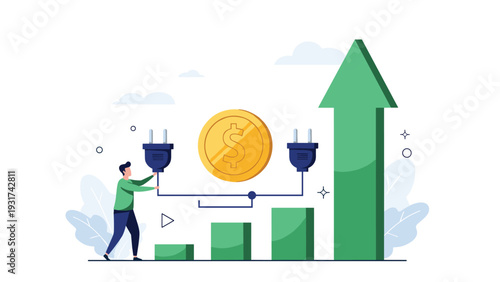 Business professional connecting a power plug to energize a financial growth chart with a large gold dollar coin in the background.