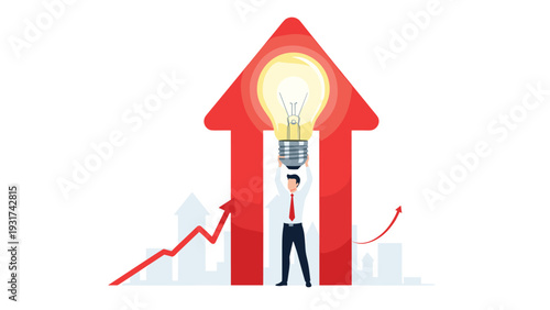 Ambitious professional holding a glowing lightbulb inside a massive red upward arrow signifying innovation and business development success.