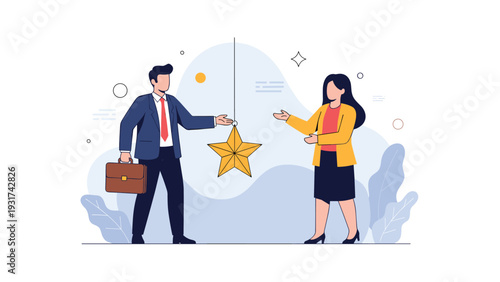 Business colleagues looking at a bright golden star hanging from the ceiling representing high quality standards and professional excellence.
