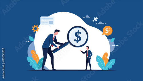 Corporate recruiter using a giant magnifying glass to examine a candidate with a dollar sign for talent search and financial evaluation.