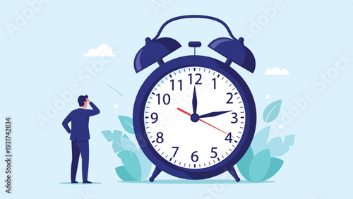 Stressed businessman looking at a massive alarm clock contemplating time management deadlines and the pressure of a busy work schedule.