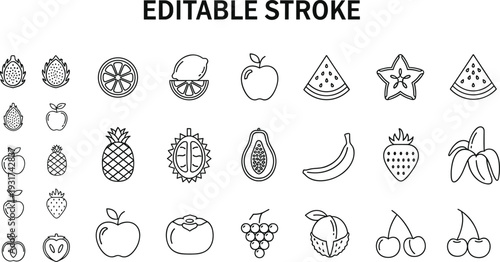 Editable stroke fruit line icon set with apple banana pineapple strawberry grape watermelon and fresh organic food outline symbols isolated on white background