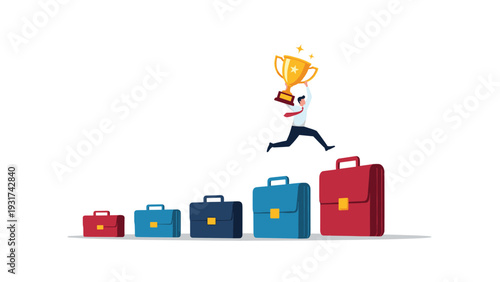 Successful businessman holding a gold trophy while jumping over a row of briefcases of increasing size to reach his professional goals.
