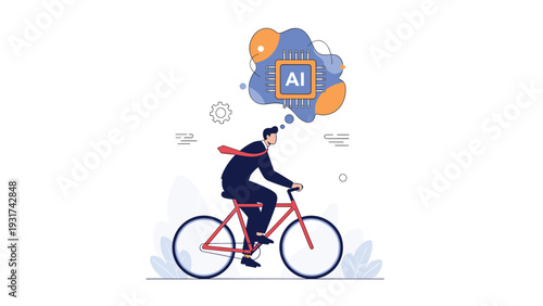 Professional businessman riding a bicycle with a thought bubble containing an AI chip representing smart transportation and innovative ideas.