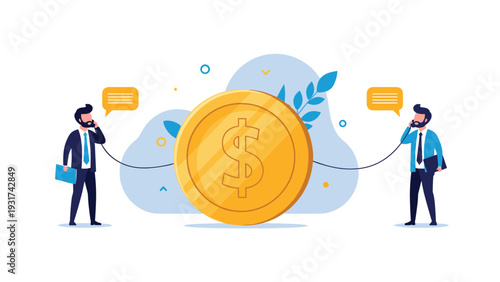 Two business professionals communicating through telephones connected by a giant dollar coin representing financial transactions and trade.