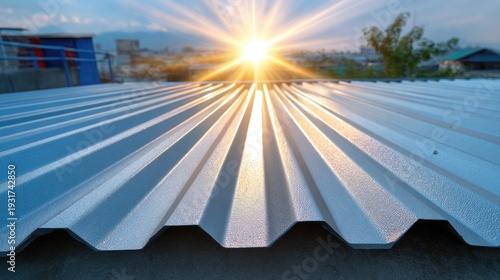 Close-Up View of Metallic Roof Panels with Sunrise Rays Illuminating Landscape in Background over Urban Cityscape Environment