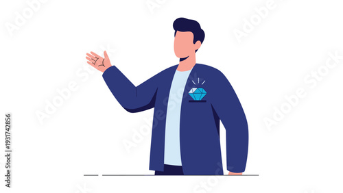 Professional businessman standing with a large sparkling blue diamond in his suit pocket representing high value and personal wealth.