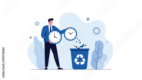 Business person throwing multiple clocks into a recycling bin symbolizing time management or the need to reset and refresh his busy schedule.