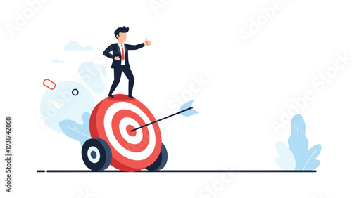 Confident businessman standing on top of a large red target with an arrow in the bullseye symbolizing precision and success in business.