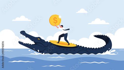 Brave businessman surfing on the back of a large crocodile while holding a gold coin representing risk management and financial bravery.