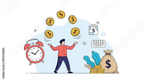 Multi-tasking businessman juggling golden coins while managing his time and finances indicated by an alarm clock and a bag of money.