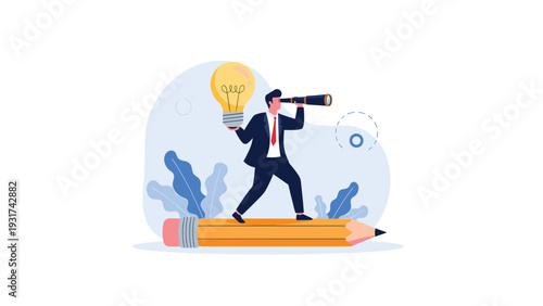 Innovative professional looking through a telescope while standing on a giant pencil and holding a glowing lightbulb for creative vision.