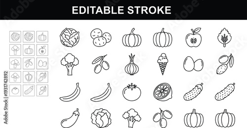 Editable stroke fruit and vegetable line icon set with banana pumpkin tomato broccoli eggplant and fresh organic food symbols isolated on white background