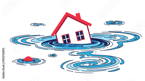Small white house with a red roof sinking into a blue whirlpool of water representing financial crisis or property market crash.