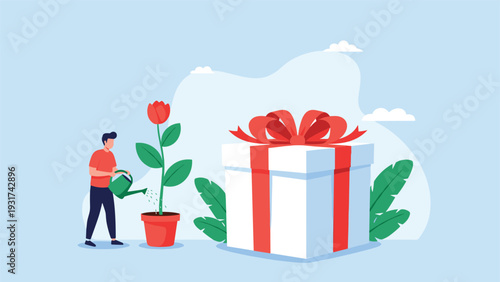 Man watering a growing red flower in a pot next to a massive white gift box with a red bow representing nurturing success.