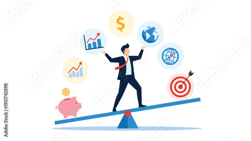 Business professional balancing on a see-saw while juggling icons of money, growth charts, a piggy bank, and a target for work balance.
