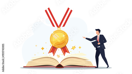 Businessman presenting giant gold medal rising from pages of large open book symbolizing academic or professional achievement and awards.