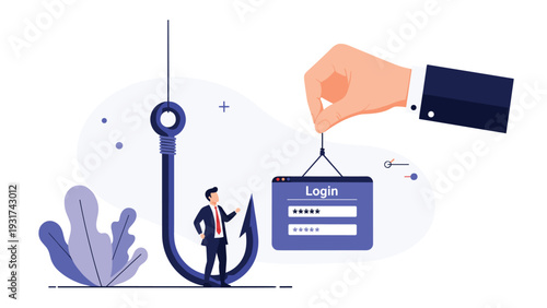 Businessman standing on large sharp fishhook while looking at floating computer login screen representing internet phishing and security risk.
