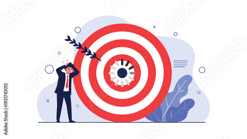 Frustrated businessman standing next to huge target where arrow has missed center bullseye representing failure or missed opportunity.