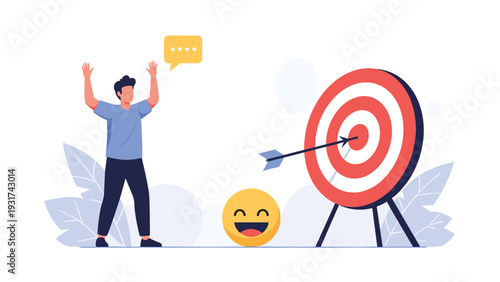 Excited man celebrating with raised arms in front of giant target with arrow in center bullseye symbolizing perfect achievement and success.